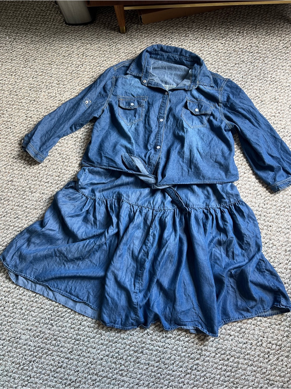 Amazon Women's Blue Denim Tie-Front Top with Gathered Skirt
